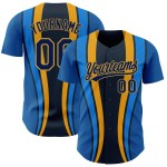Maglia da baseball autentica blu navy e oro antico, design laterale personalizzato in 3D, motivo a strisce reali Maglia da baseball autentica blu navy e oro antico, design laterale personalizzato in 3D, motivo a strisce reali