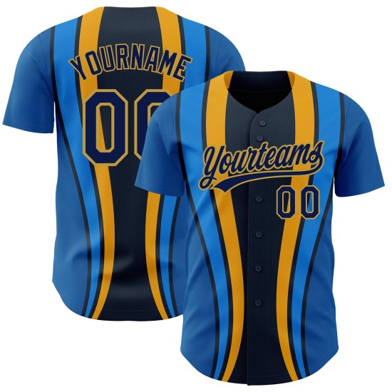 Maglia da baseball autentica blu navy e oro antico, design laterale personalizzato in 3D, motivo a strisce reali Maglia da baseball autentica blu navy e oro antico, design laterale personalizzato in 3D, motivo a strisce reali