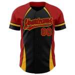 Maglia da baseball autentica 3D personalizzata con motivo rosso-oro, tinta unita, nera e curva Maglia da baseball autentica 3D personalizzata con motivo rosso-oro, tinta unita, nera e curva