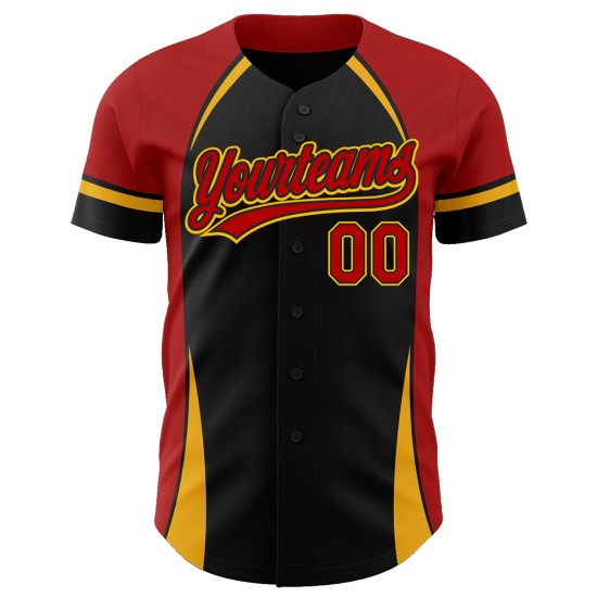 Maglia da baseball autentica 3D personalizzata con motivo rosso-oro, tinta unita, nera e curva Maglia da baseball autentica 3D personalizzata con motivo rosso-oro, tinta unita, nera e curva