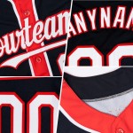 Maglia da baseball autentica personalizzata con 3 forme, colori nero, blu e arancione Maglia da baseball autentica personalizzata con 3 forme, colori nero, blu e arancione
