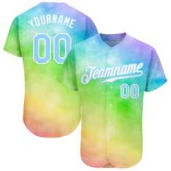 Maglia da baseball Rainbow Custom Light Dye Authentic 3D blu-bianca con cravatta