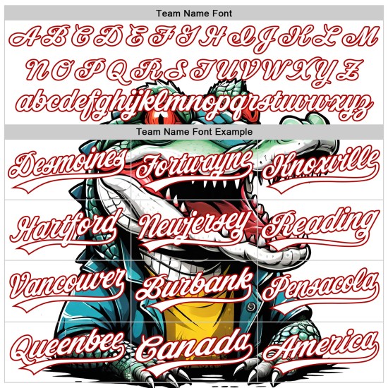 Maglia rossa personalizzata con motivo a coccodrillo bianco autentico da baseball, design 3D Maglia rossa personalizzata con motivo a coccodrillo bianco autentico da baseball, design 3D