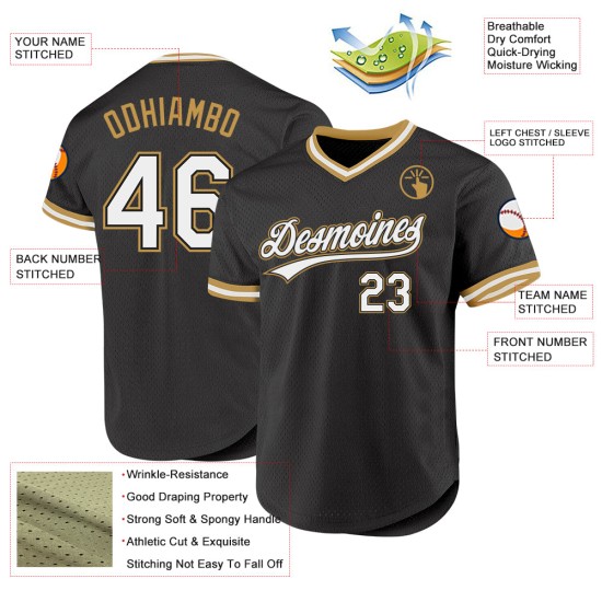 Maglia da baseball personalizzata nera, bianca e oro antico, autentica Maglia da baseball personalizzata nera, bianca e oro antico, autentica