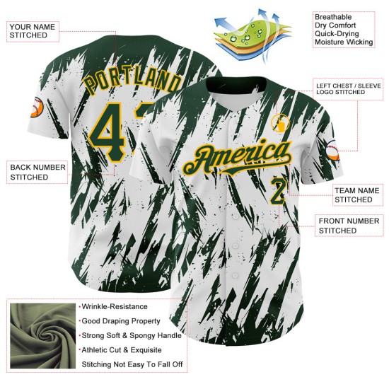 Maglia da baseball personalizzata 3D bianca con motivo astratto, autentica, verde-oro Maglia da baseball personalizzata 3D bianca con motivo astratto, autentica, verde-oro