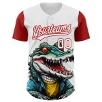 Maglia rossa personalizzata con motivo a coccodrillo bianco autentico da baseball, design 3D Maglia rossa personalizzata con motivo a coccodrillo bianco autentico da baseball, design 3D
