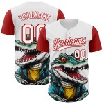 Maglia rossa personalizzata con motivo a coccodrillo bianco autentico da baseball, design 3D Maglia rossa personalizzata con motivo a coccodrillo bianco autentico da baseball, design 3D