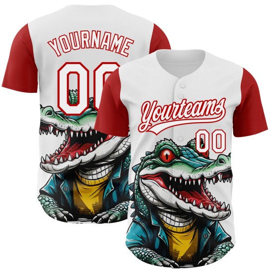 Maglia rossa personalizzata con motivo a coccodrillo bianco autentico da baseball, design 3D Maglia rossa personalizzata con motivo a coccodrillo bianco autentico da baseball, design 3D