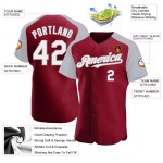 Maglia da baseball autentica, maniche raglan, colore bianco-grigio cremisi, personalizzata Maglia da baseball autentica, maniche raglan, colore bianco-grigio cremisi, personalizzata