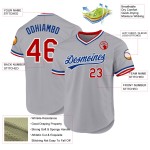 Maglia da baseball personalizzata, retrò, autentica, grigia, rossa e blu Maglia da baseball personalizzata, retrò, autentica, grigia, rossa e blu