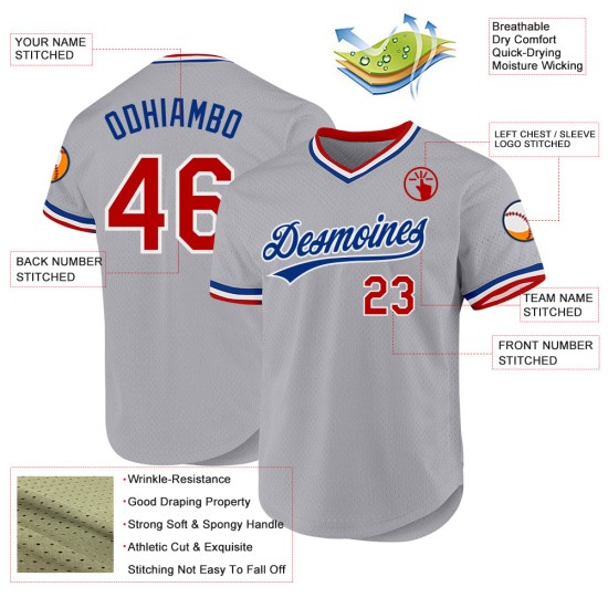 Maglia da baseball personalizzata, retrò, autentica, grigia, rossa e blu Maglia da baseball personalizzata, retrò, autentica, grigia, rossa e blu