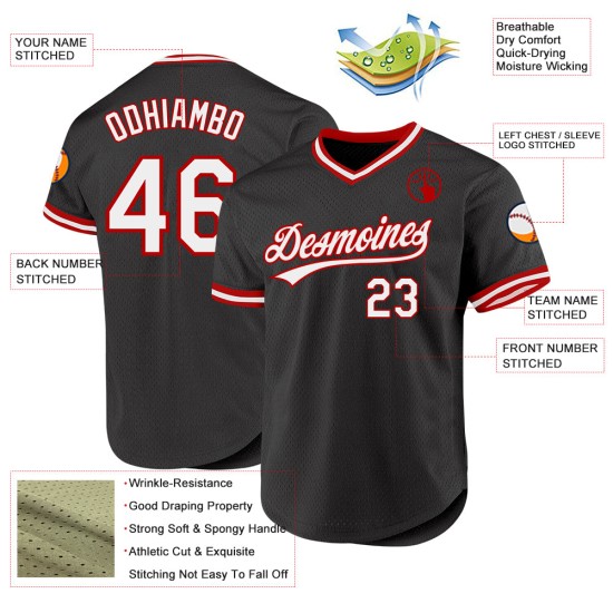 Maglia da baseball autentica retrò bianca e rossa personalizzata, nera Maglia da baseball autentica retrò bianca e rossa personalizzata, nera