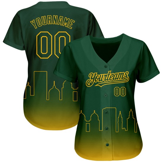 Maglia da baseball Oakland City, personalizzata in 3D, autentica, con effetto sfumato oro verde, edizione moda
