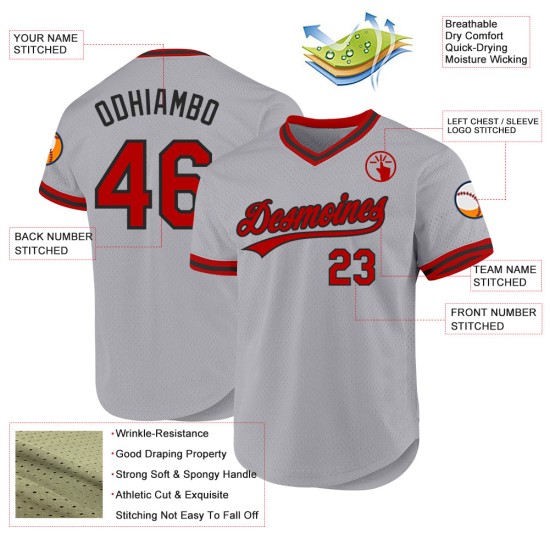 Maglia da baseball grigia personalizzata rosso-nera, stile retrò Maglia da baseball grigia personalizzata rosso-nera, stile retrò