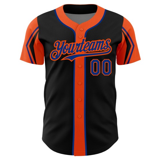 Maglia da baseball autentica personalizzata con 3 forme, colori nero, blu e arancione Maglia da baseball autentica personalizzata con 3 forme, colori nero, blu e arancione
