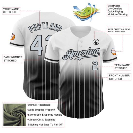 Maglia da baseball autentica, argento-nera, bianca, personalizzata, con righe sfumate Maglia da baseball autentica, argento-nera, bianca, personalizzata, con righe sfumate