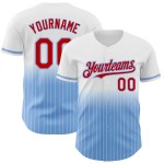 Maglia da baseball a righe bianche sbiadite, autentica, personalizzata, blu, rosso chiaro Maglia da baseball a righe bianche sbiadite, autentica, personalizzata, blu, rosso chiaro