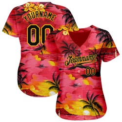 Maglia da spiaggia con motivo a palma, autentica, rossa, personalizzata, con alberi da baseball, sole, nero e giallo, 3D