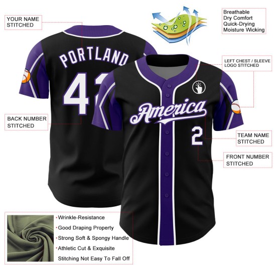 Maglia da baseball Forme Nero Personalizzata Autentica Colori 3 Bianco-Viola Maglia da baseball Forme Nero Personalizzata Autentica Colori 3 Bianco-Viola