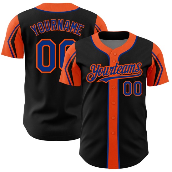 Maglia da baseball autentica personalizzata con 3 forme, colori nero, blu e arancione Maglia da baseball autentica personalizzata con 3 forme, colori nero, blu e arancione