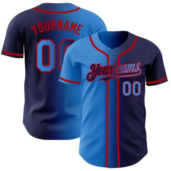 Maglia da baseball personalizzata autentica alla moda, blu navy sfumato blu-rosso elettrico Maglia da baseball personalizzata autentica alla moda, blu navy sfumato blu-rosso elettrico