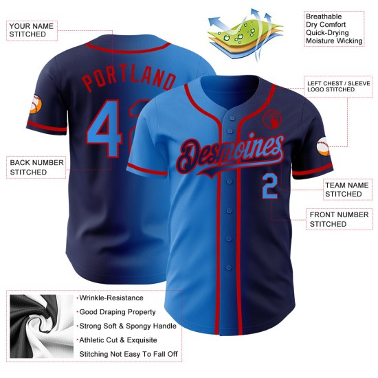 Maglia da baseball personalizzata autentica alla moda, blu navy sfumato blu-rosso elettrico Maglia da baseball personalizzata autentica alla moda, blu navy sfumato blu-rosso elettrico
