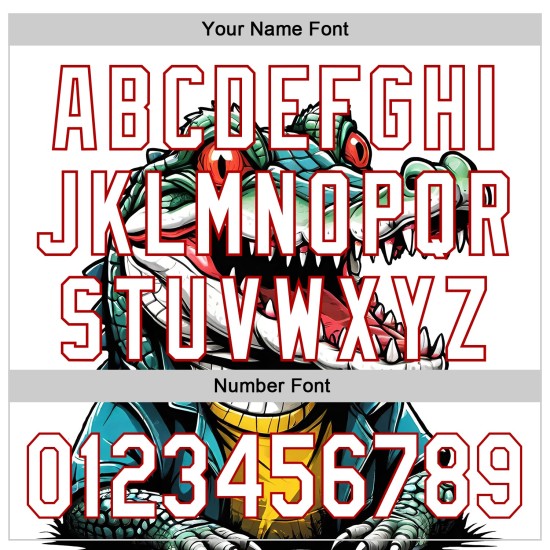 Maglia rossa personalizzata con motivo a coccodrillo bianco autentico da baseball, design 3D Maglia rossa personalizzata con motivo a coccodrillo bianco autentico da baseball, design 3D