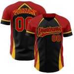 Maglia da baseball autentica 3D personalizzata con motivo rosso-oro, tinta unita, nera e curva Maglia da baseball autentica 3D personalizzata con motivo rosso-oro, tinta unita, nera e curva
