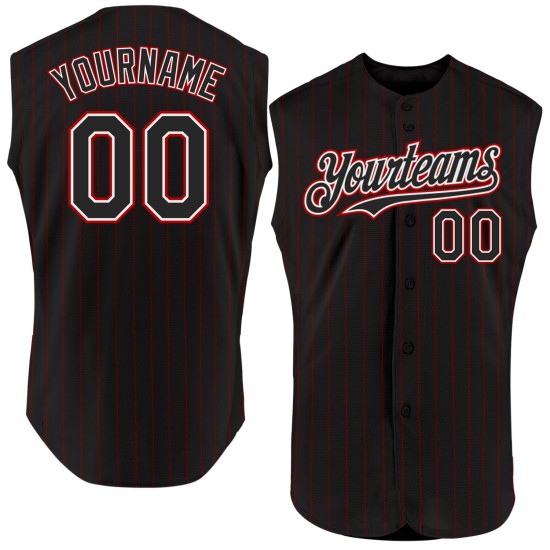 Maglia da baseball personalizzata senza maniche, rossa, bianca, autentica, a righe nere Maglia da baseball personalizzata senza maniche, rossa, bianca, autentica, a righe nere