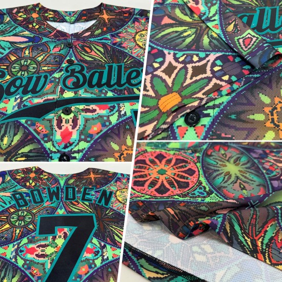 Maglia da baseball personalizzata con mandala autentici, motivo 3D nero-verde acqua Maglia da baseball personalizzata con mandala autentici, motivo 3D nero-verde acqua