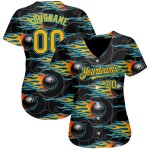 Maglia da baseball Gold-Lakes nera con motivo 3D Hotrod e autentica fiamma blu da bowling personalizzata Maglia da baseball Gold-Lakes nera con motivo 3D Hotrod e autentica fiamma blu da bowling personalizzata