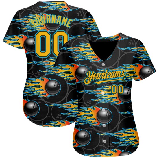 Maglia da baseball Gold-Lakes nera con motivo 3D Hotrod e autentica fiamma blu da bowling personalizzata Maglia da baseball Gold-Lakes nera con motivo 3D Hotrod e autentica fiamma blu da bowling personalizzata