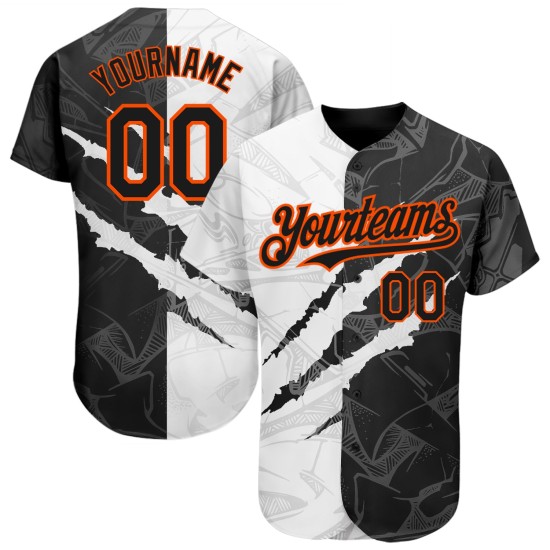 Maglia da baseball autentica con motivo graffiato, 3D personalizzata, graffiti neri e arancioni Maglia da baseball autentica con motivo graffiato, 3D personalizzata, graffiti neri e arancioni