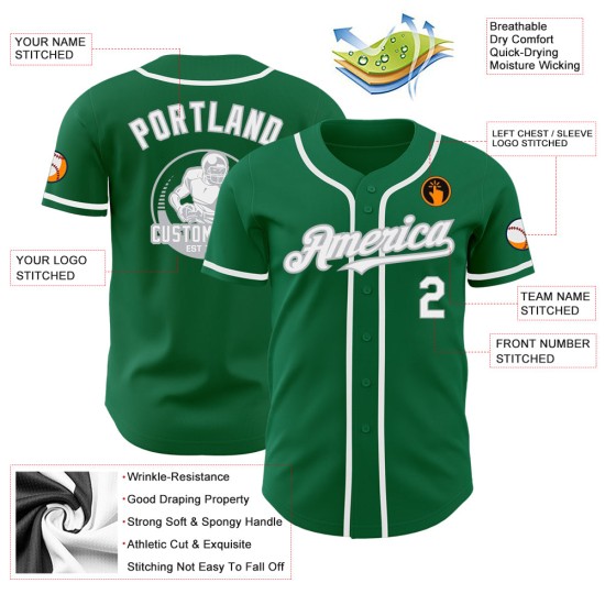 Maglia da baseball personalizzata autentica bianca e grigia Green Kelly Maglia da baseball personalizzata autentica bianca e grigia Green Kelly