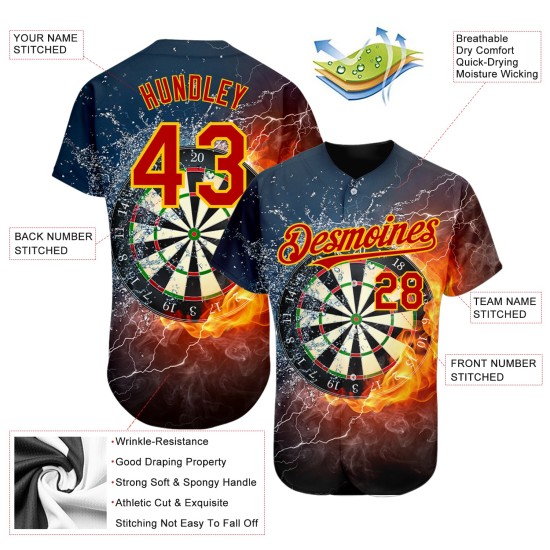 Maglia da baseball personalizzata con motivo fiamma rosso-oro, freccetta nera 3D, autentica Maglia da baseball personalizzata con motivo fiamma rosso-oro, freccetta nera 3D, autentica
