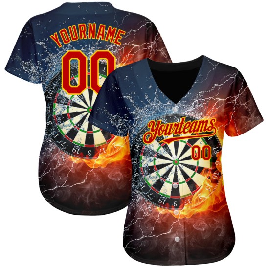 Maglia da baseball personalizzata con motivo fiamma rosso-oro, freccetta nera 3D, autentica Maglia da baseball personalizzata con motivo fiamma rosso-oro, freccetta nera 3D, autentica