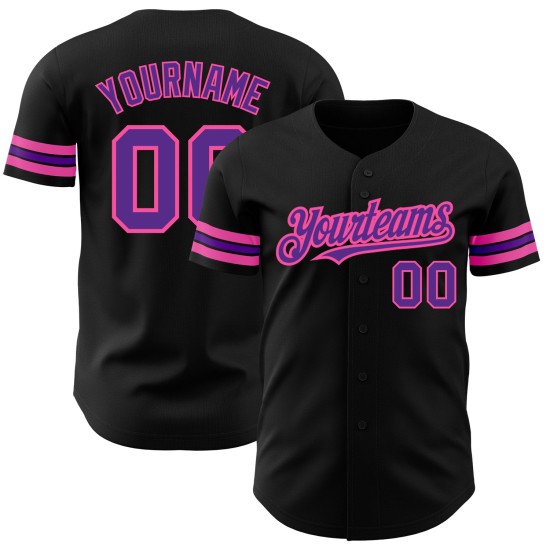 Maglia da baseball personalizzata nera viola-rosa autentica Maglia da baseball personalizzata nera viola-rosa autentica