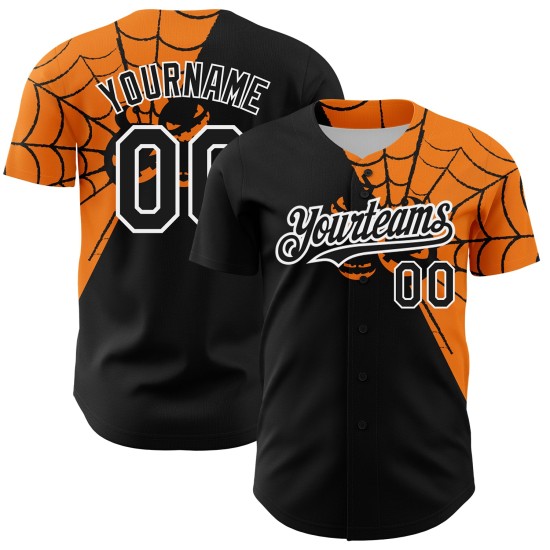 Maglia da baseball autentica con ragnatela, motivo Bay, nera, arancione e bianca, personalizzata