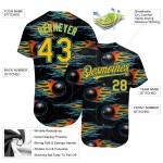 Maglia da baseball Gold-Lakes nera con motivo 3D Hotrod e autentica fiamma blu da bowling personalizzata Maglia da baseball Gold-Lakes nera con motivo 3D Hotrod e autentica fiamma blu da bowling personalizzata