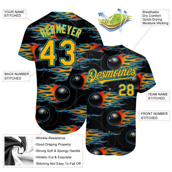 Maglia da baseball Gold-Lakes nera con motivo 3D Hotrod e autentica fiamma blu da bowling personalizzata Maglia da baseball Gold-Lakes nera con motivo 3D Hotrod e autentica fiamma blu da bowling personalizzata
