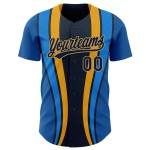 Maglia da baseball autentica blu navy e oro antico, design laterale personalizzato in 3D, motivo a strisce reali Maglia da baseball autentica blu navy e oro antico, design laterale personalizzato in 3D, motivo a strisce reali