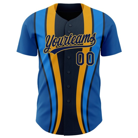 Maglia da baseball autentica blu navy e oro antico, design laterale personalizzato in 3D, motivo a strisce reali Maglia da baseball autentica blu navy e oro antico, design laterale personalizzato in 3D, motivo a strisce reali