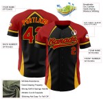 Maglia da baseball autentica 3D personalizzata con motivo rosso-oro, tinta unita, nera e curva Maglia da baseball autentica 3D personalizzata con motivo rosso-oro, tinta unita, nera e curva