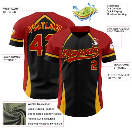 Maglia da baseball autentica 3D personalizzata con motivo rosso-oro, tinta unita, nera e curva Maglia da baseball autentica 3D personalizzata con motivo rosso-oro, tinta unita, nera e curva
