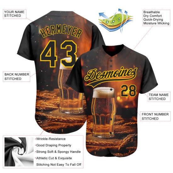 Maglia da baseball Day Design Nero Giallo Autentico Birra Internazionale Modello Personalizzato 3D