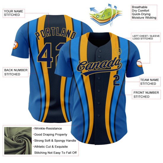Maglia da baseball autentica blu navy e oro antico, design laterale personalizzato in 3D, motivo a strisce reali Maglia da baseball autentica blu navy e oro antico, design laterale personalizzato in 3D, motivo a strisce reali