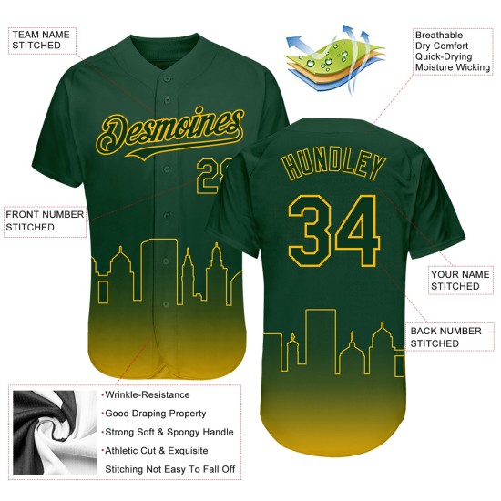 Maglia da baseball Oakland City, personalizzata in 3D, autentica, con effetto sfumato oro verde, edizione moda