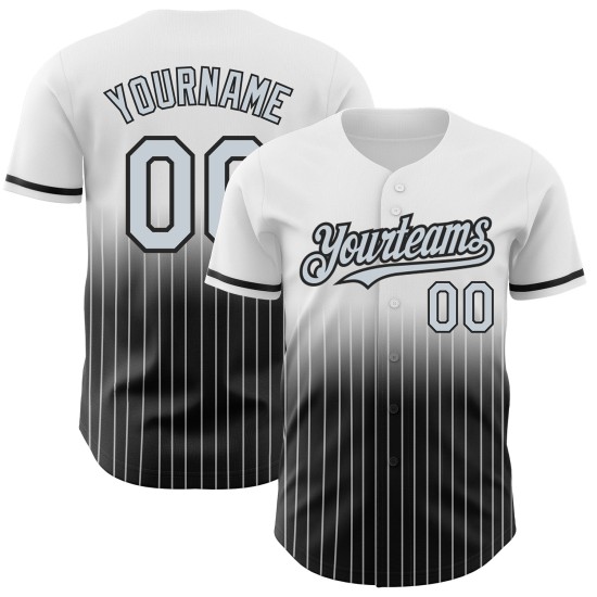 Maglia da baseball autentica, argento-nera, bianca, personalizzata, con righe sfumate Maglia da baseball autentica, argento-nera, bianca, personalizzata, con righe sfumate
