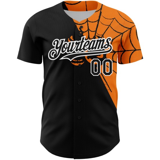 Maglia da baseball autentica con ragnatela, motivo Bay, nera, arancione e bianca, personalizzata