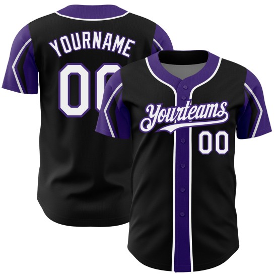 Maglia da baseball Forme Nero Personalizzata Autentica Colori 3 Bianco-Viola Maglia da baseball Forme Nero Personalizzata Autentica Colori 3 Bianco-Viola